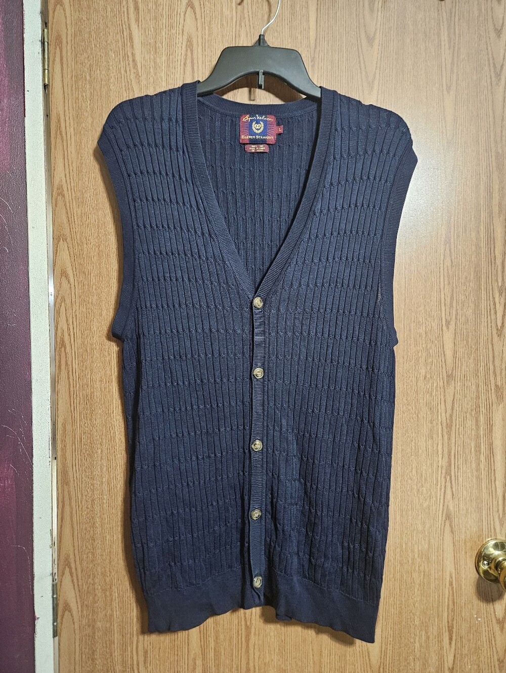 Byron Nelson Eleven Straight Men's 100% Silk Button Navy V Neck Vest Size Large!